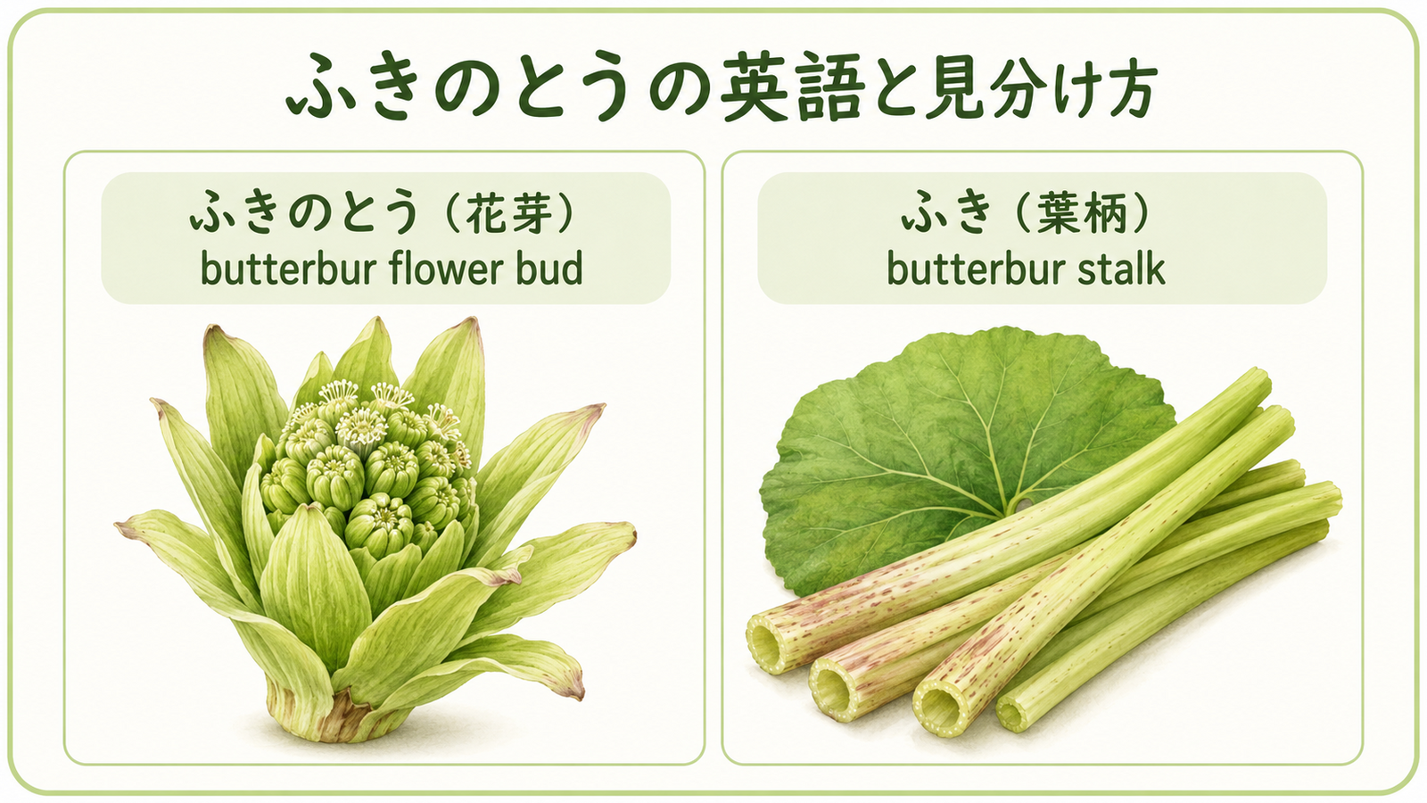 ふきのとうと似た植物や食材の英語名を比較した教材イラスト