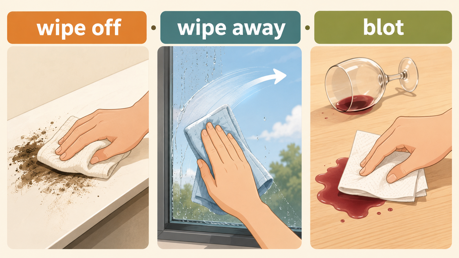 「ふき取る」は英語で？wipe off・wipe away・blotの違いと使い分け