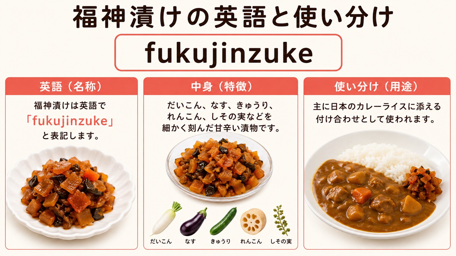 福神漬けの英語名と種類の使い分けを示す解説画像