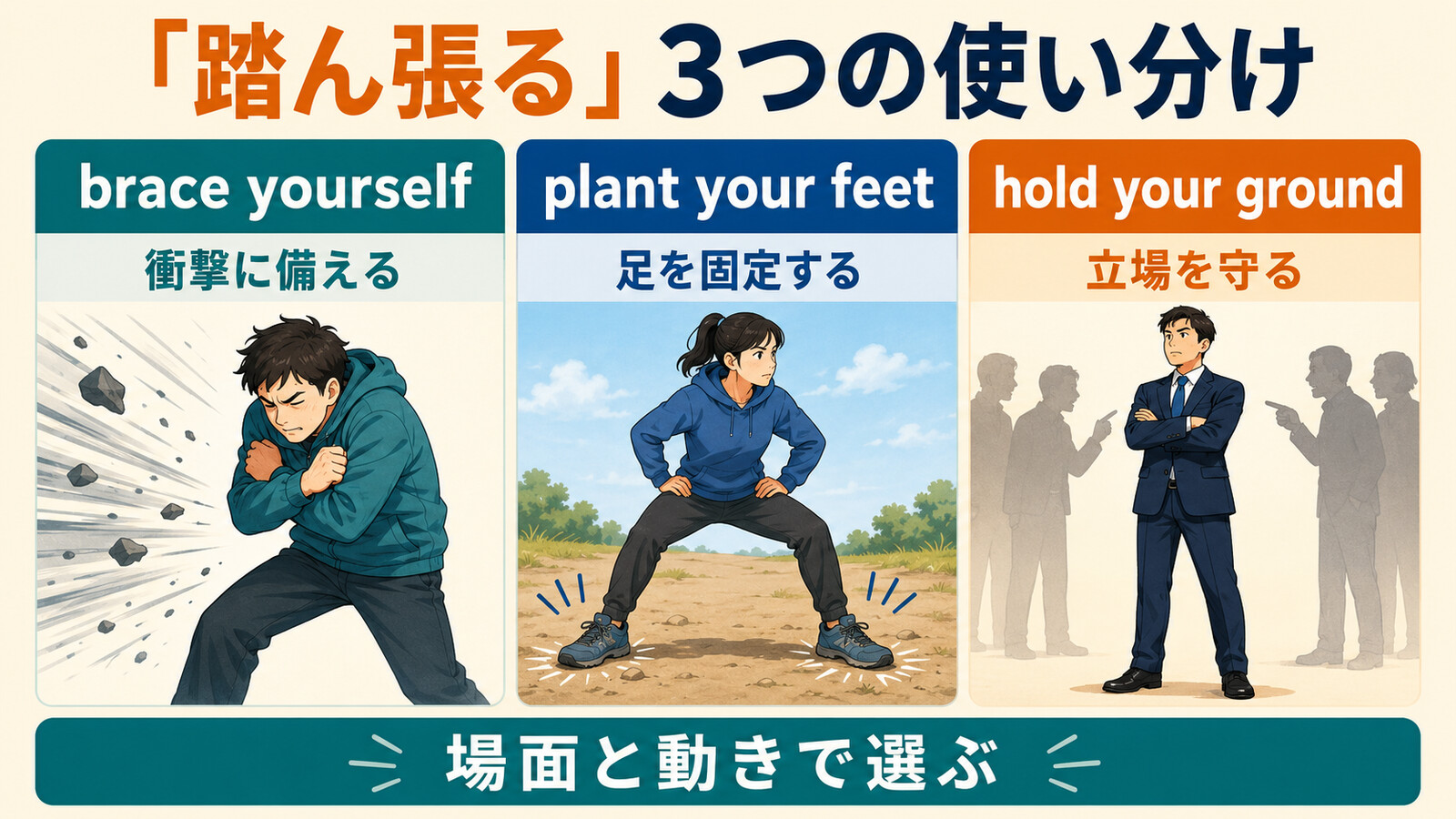 「踏ん張る」を表す3つの英語表現の違いを示す比較イラスト