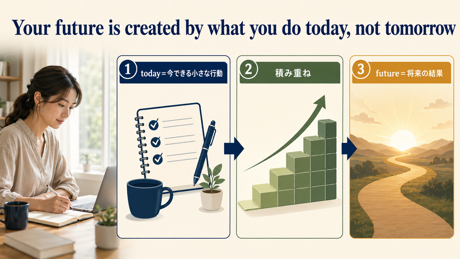 Your future is created by what you do today, not tomorrowの直訳・実際の意味・注意点を比較する解説図