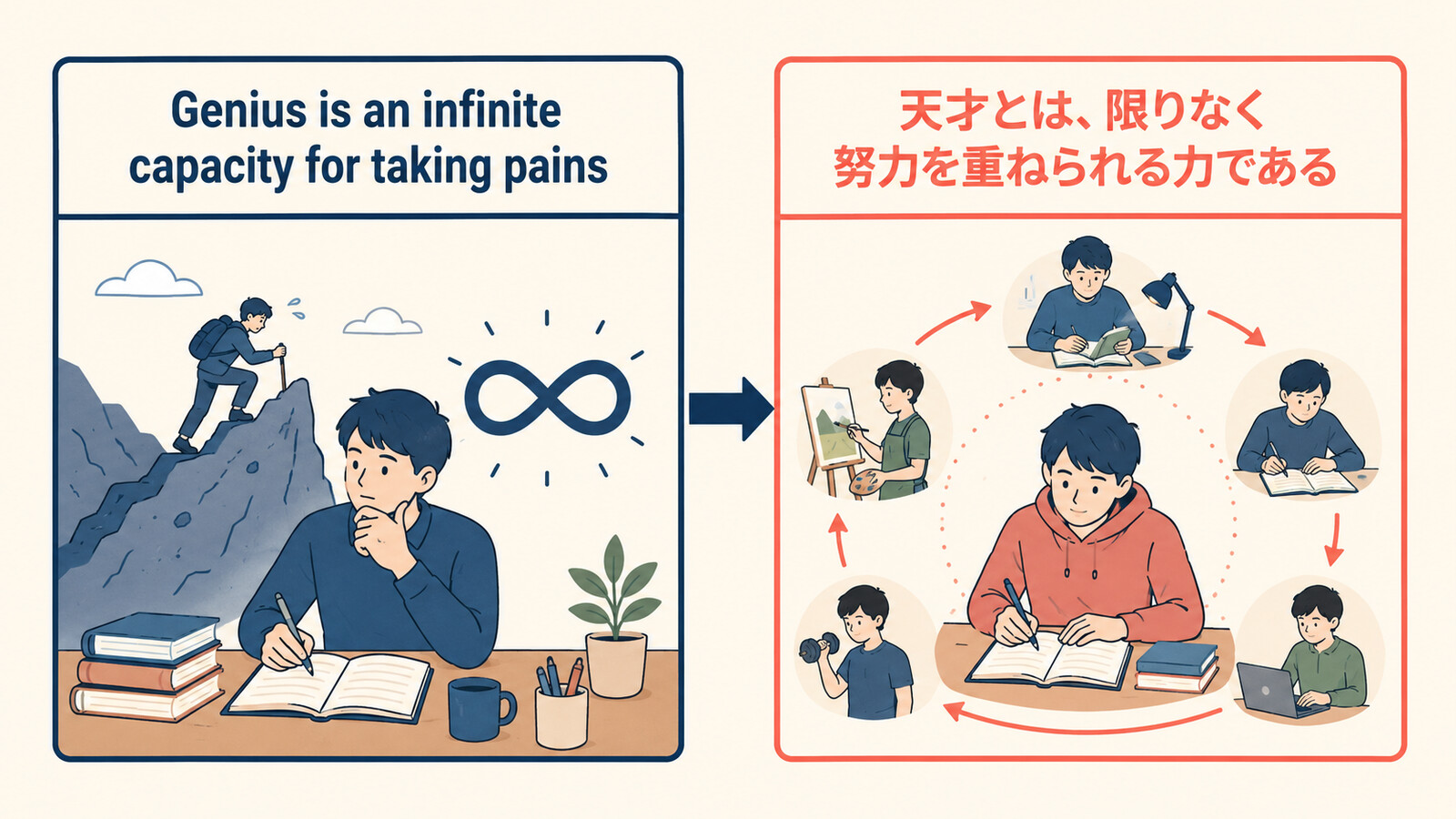 Genius is an infinite capacity for taking painsの直訳イメージと実際の意味を比較した解説