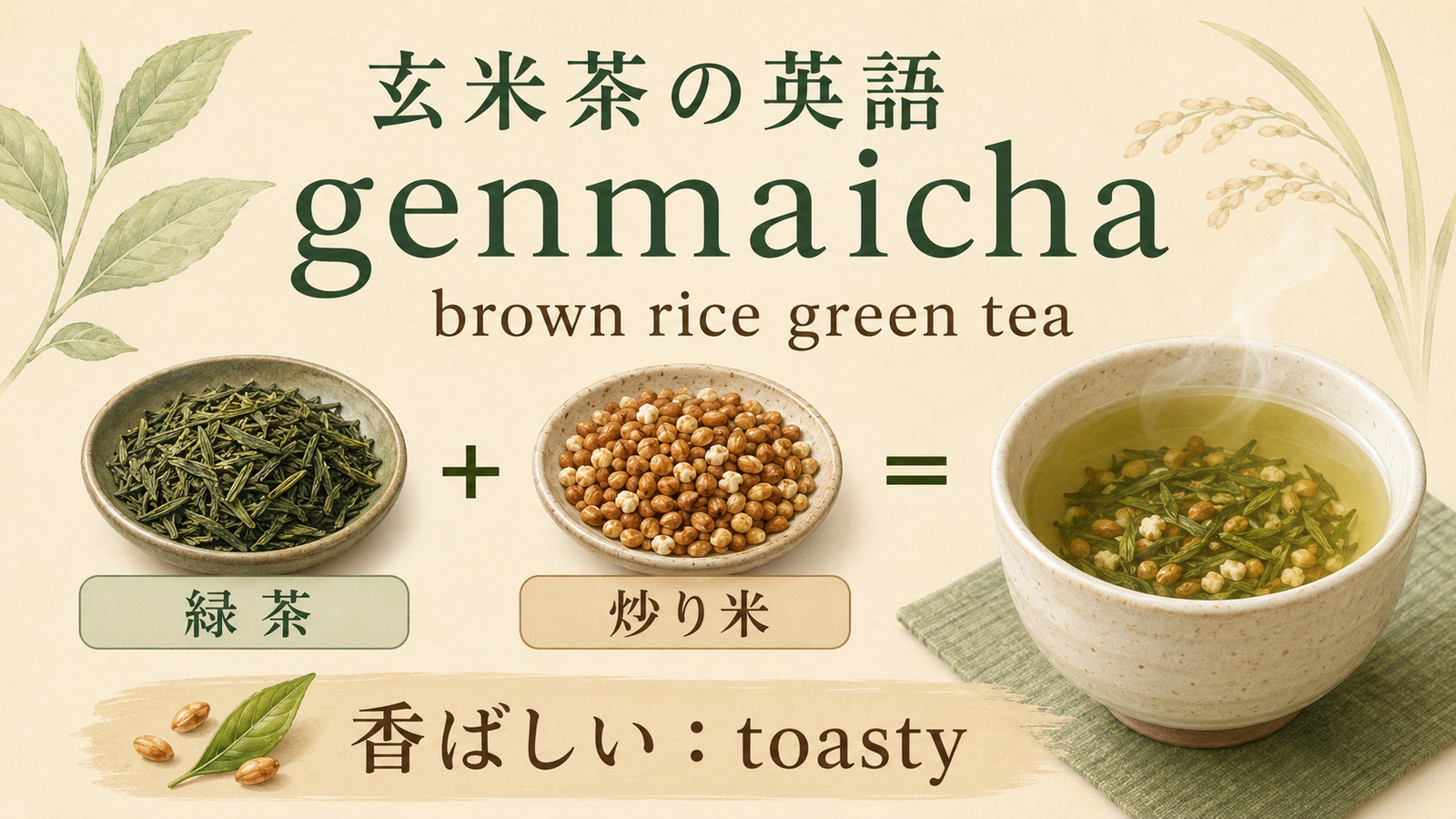 玄米茶の英語名と特徴を示す解説画像
