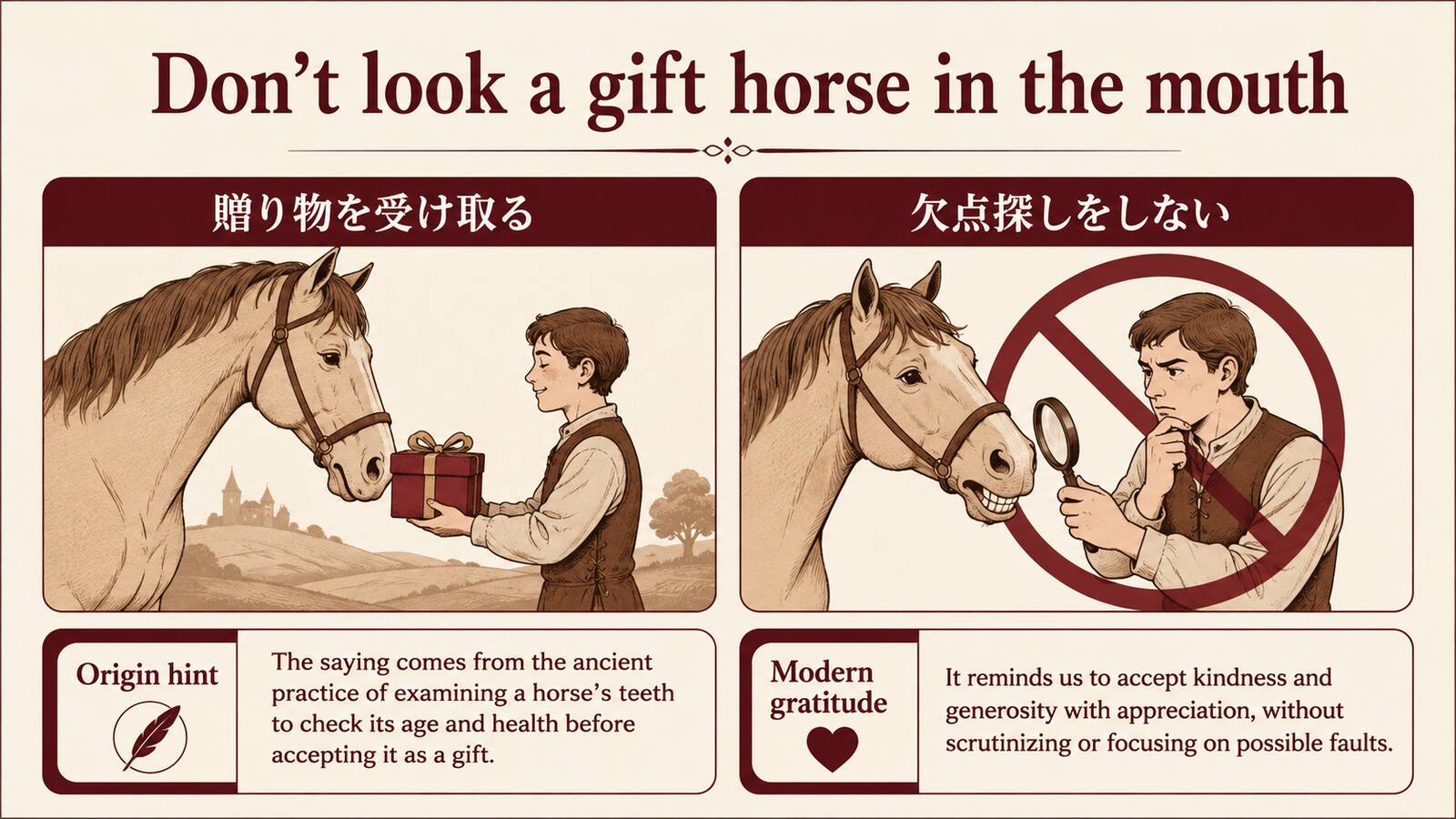 Don't look a gift horse in the mouthの意味とニュアンスを説明するイラスト