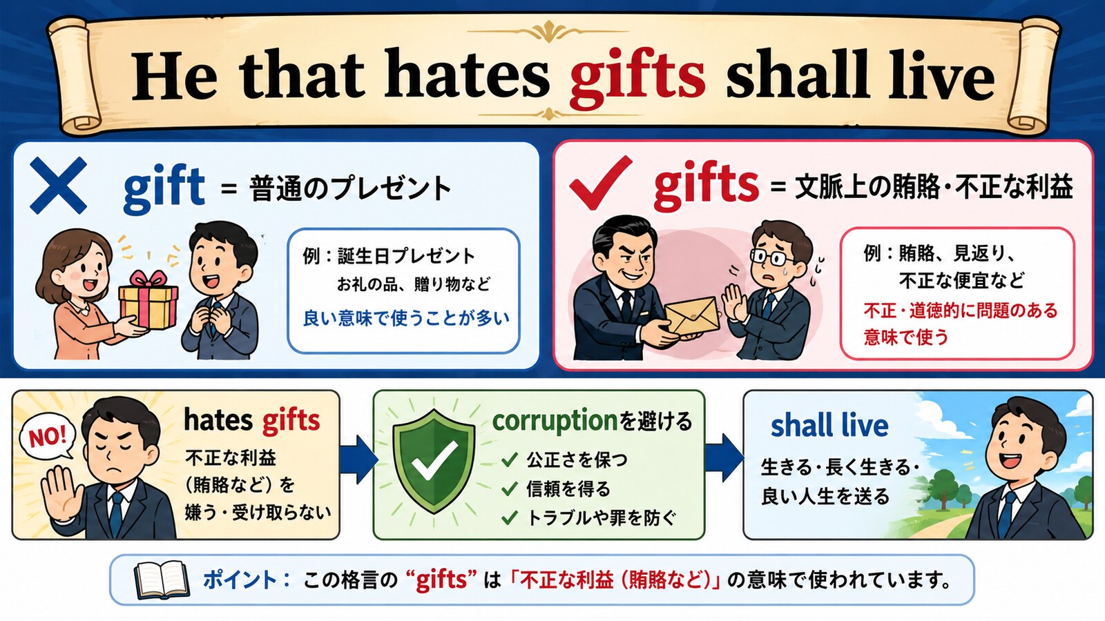 He that hates gifts shall liveのニュアンスと使い分けを示す解説図