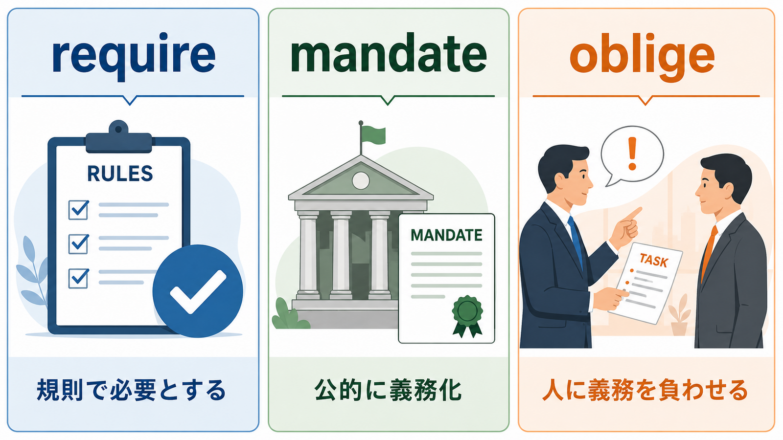 義務付けるを表すrequire・mandate・obligeの使い分け比較図