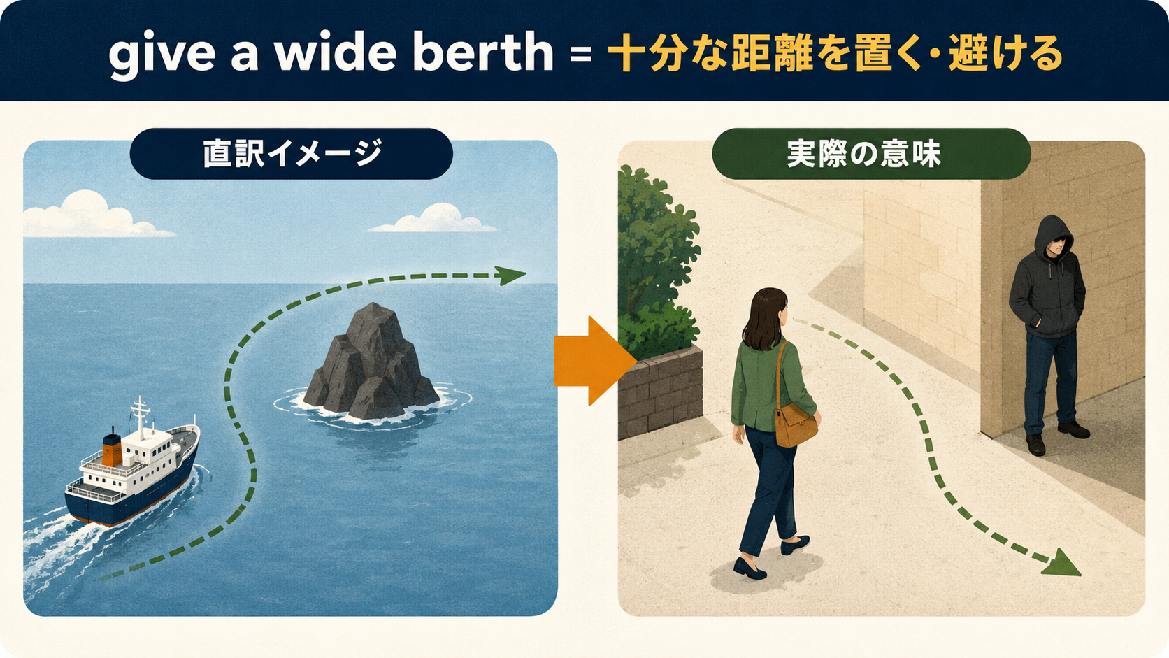 give a wide berthの直訳イメージと実際の意味を比較したイラスト