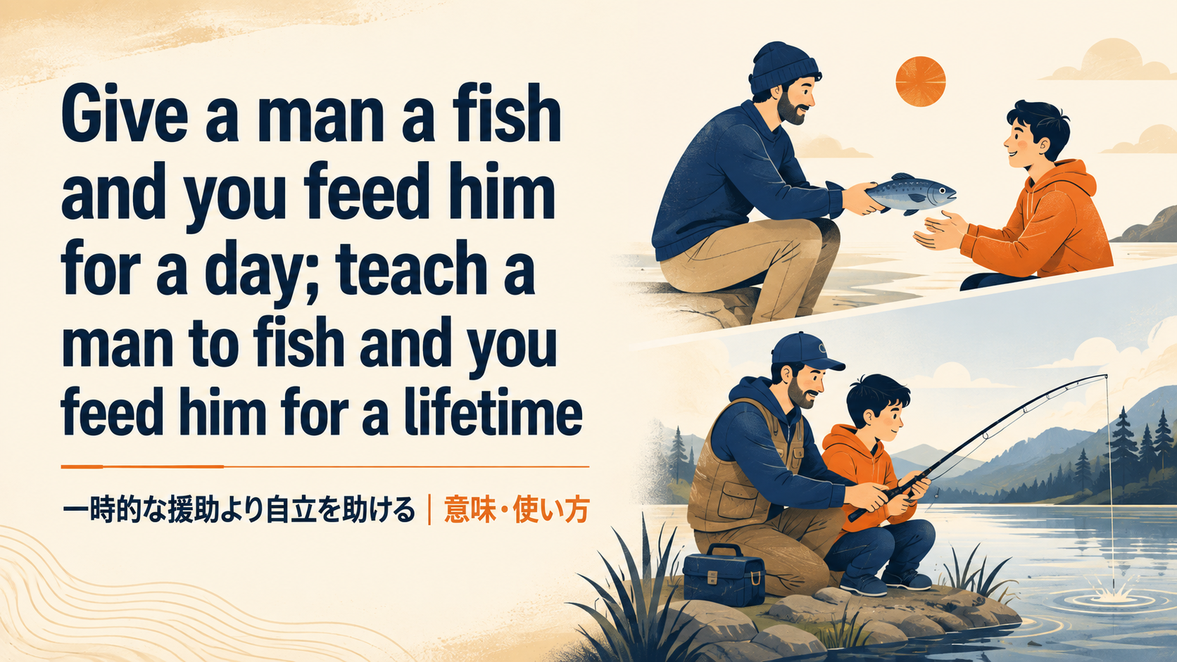 Give a man a fish and you feed him for a day; teach a man to fish and you feed him for a lifetimeの意味・使い方・ニュアンスを例文で解説