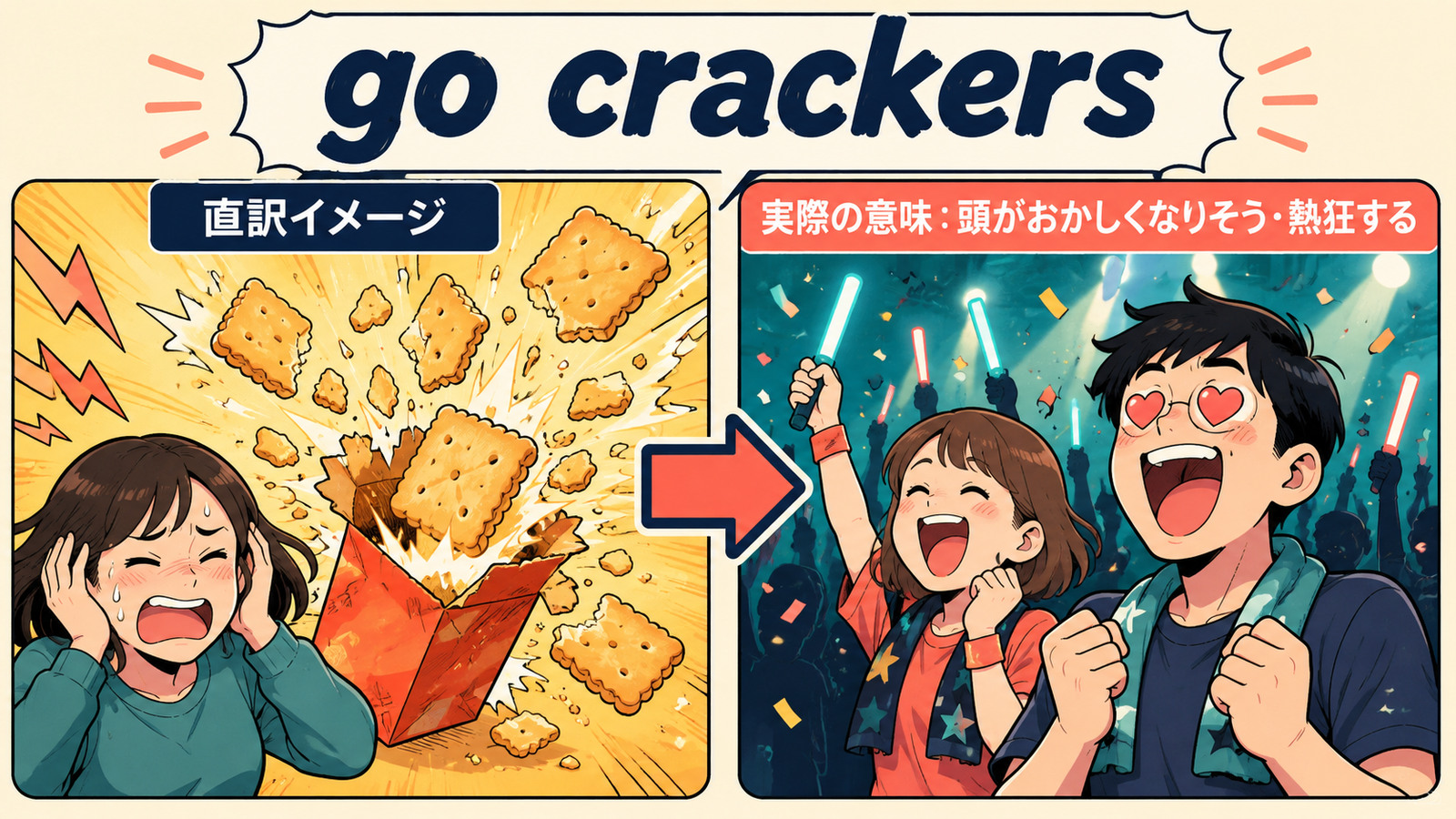 go crackersの直訳と実際の意味を比べる解説イラスト