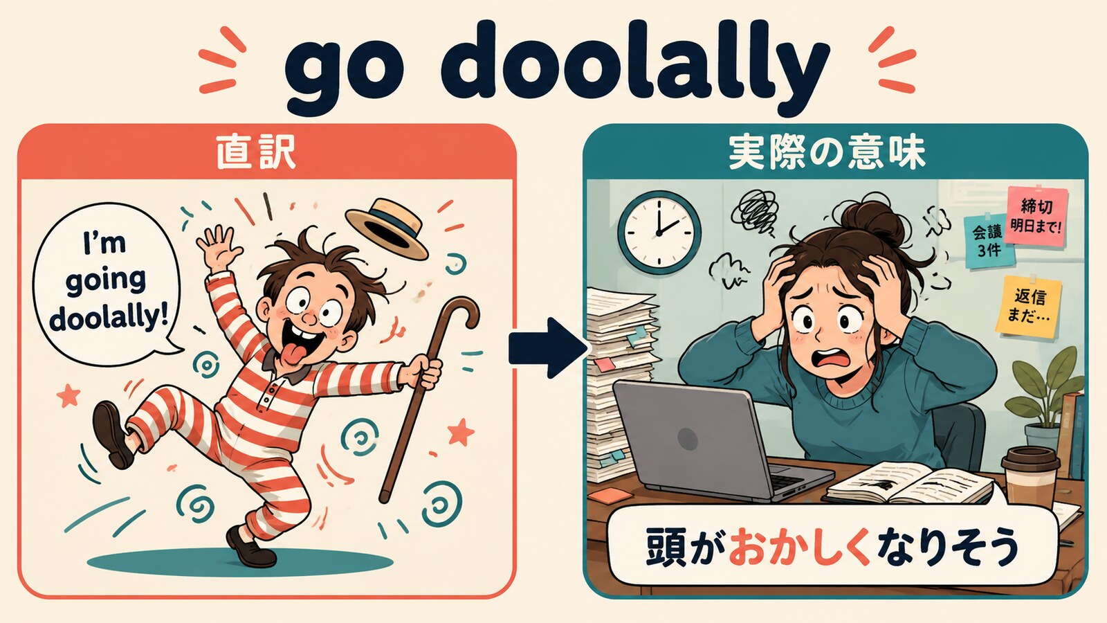 go doolallyの直訳と実際の意味を比較する解説イラスト