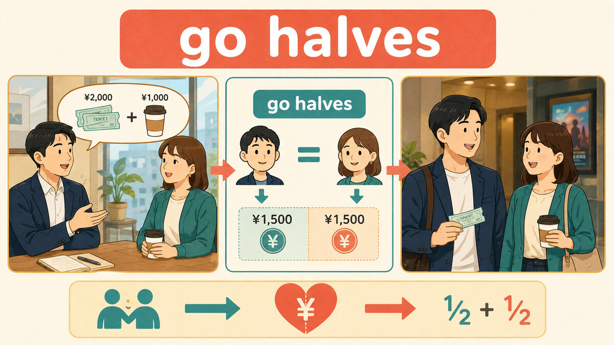 go halvesの意味と使い方を視覚的に説明するイラスト