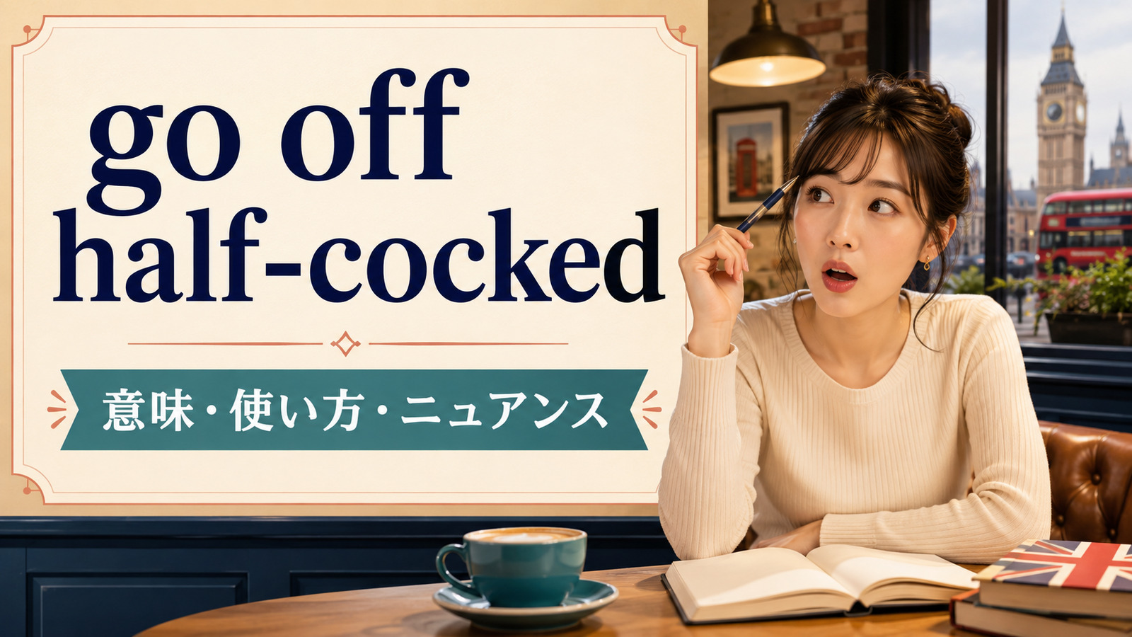 go off half-cockedの意味・使い方・ニュアンスを解説するアイキャッチ画像