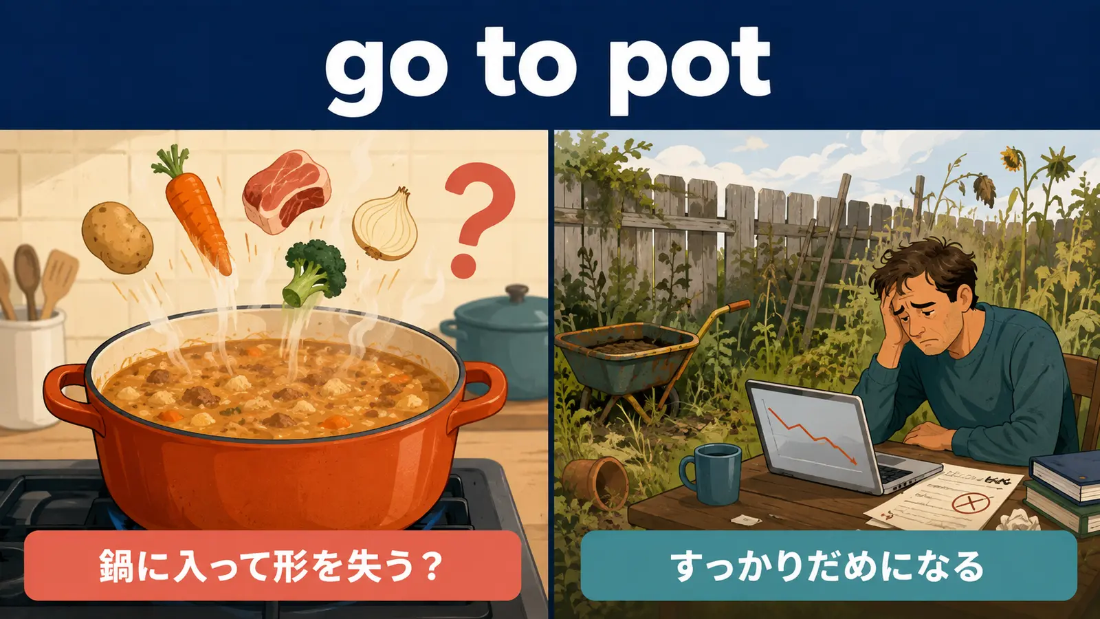 go to potの直訳イメージと実際の意味の比較図