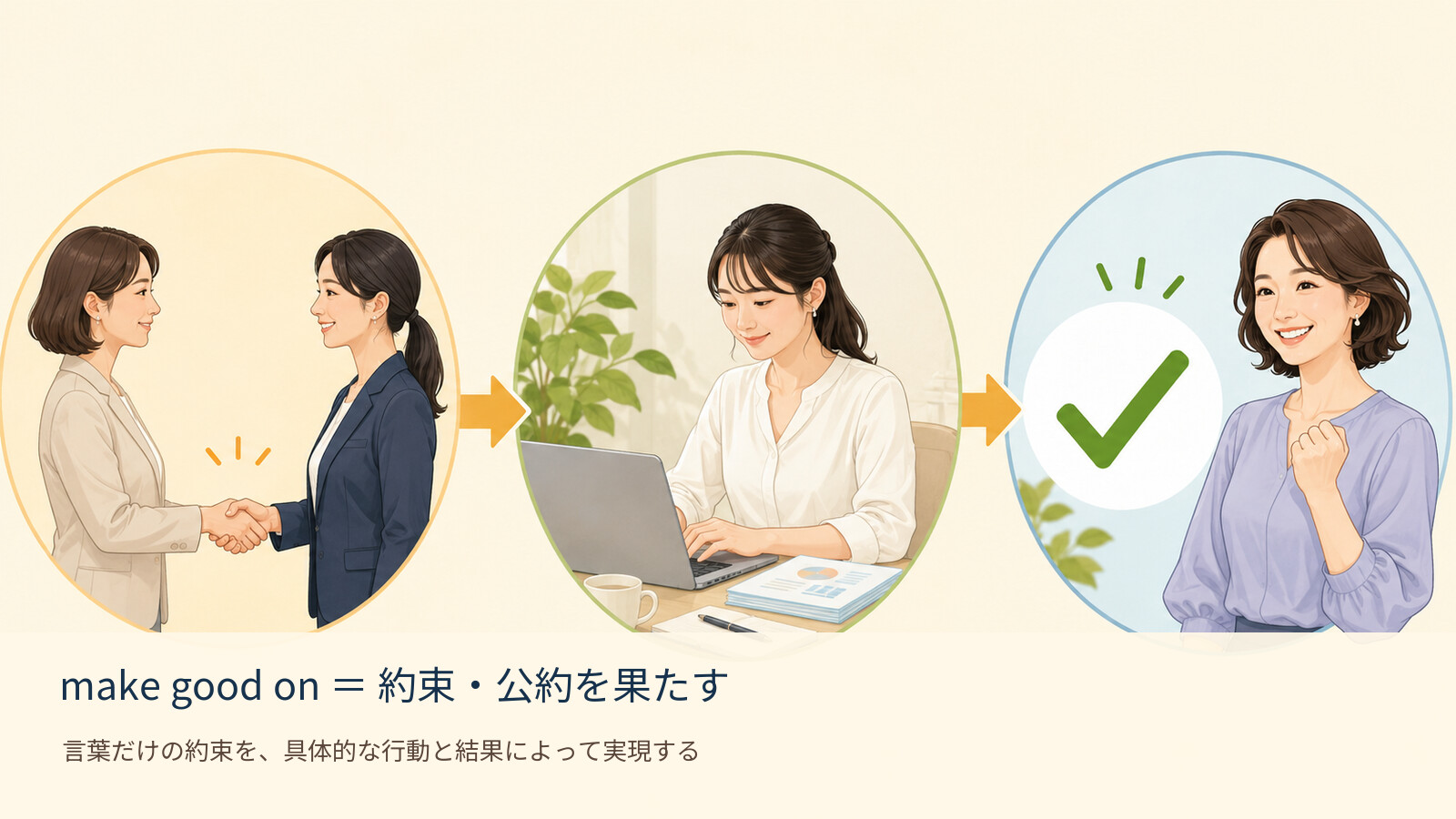 make good on の意味を示す解説イラスト
