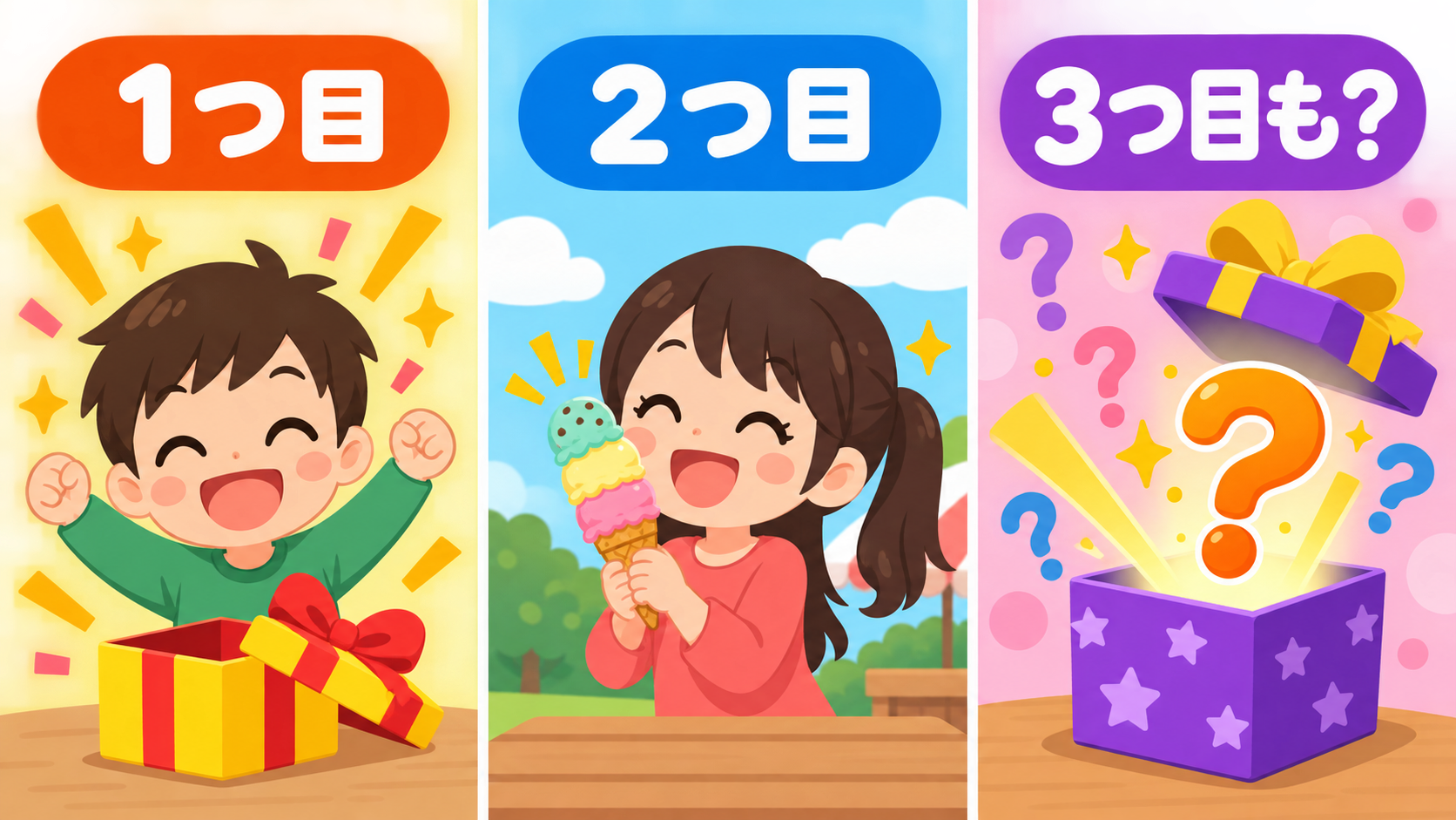 Good things come in threesのニュアンスを示す解説図