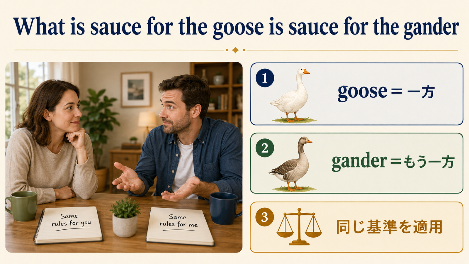 What is sauce for the goose is sauce for the ganderの直訳と実際のニュアンスを比較した解説イラスト