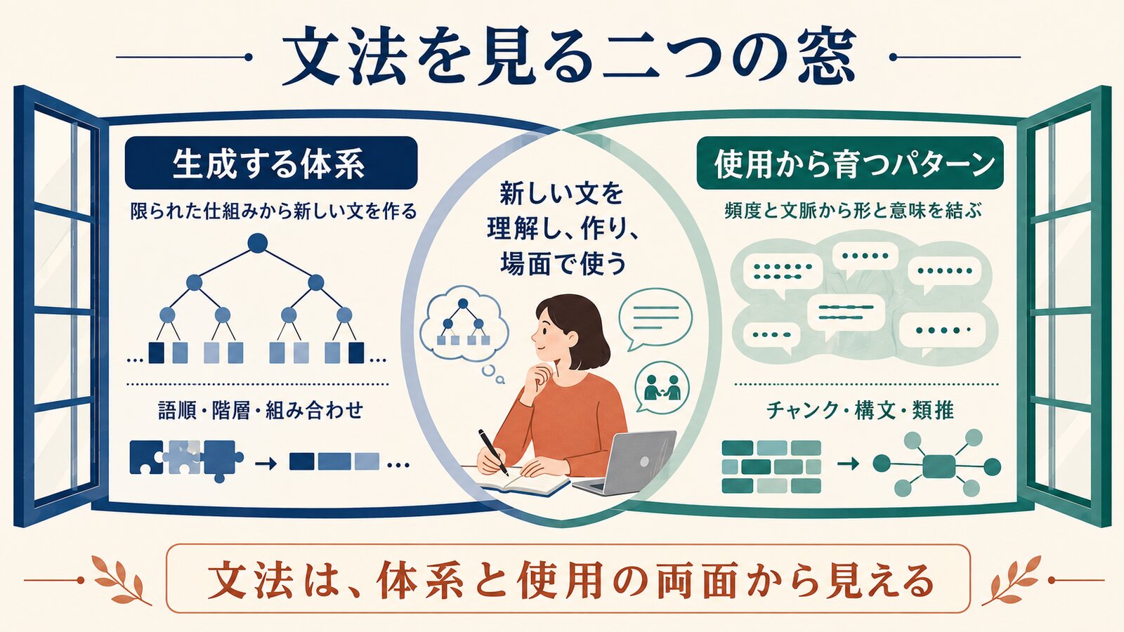 生成する体系と使用から育つパターンを対比した図解