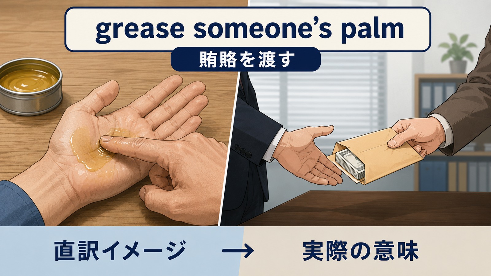 grease someone's palmの直訳イメージと実際の意味を比較した解説イラスト