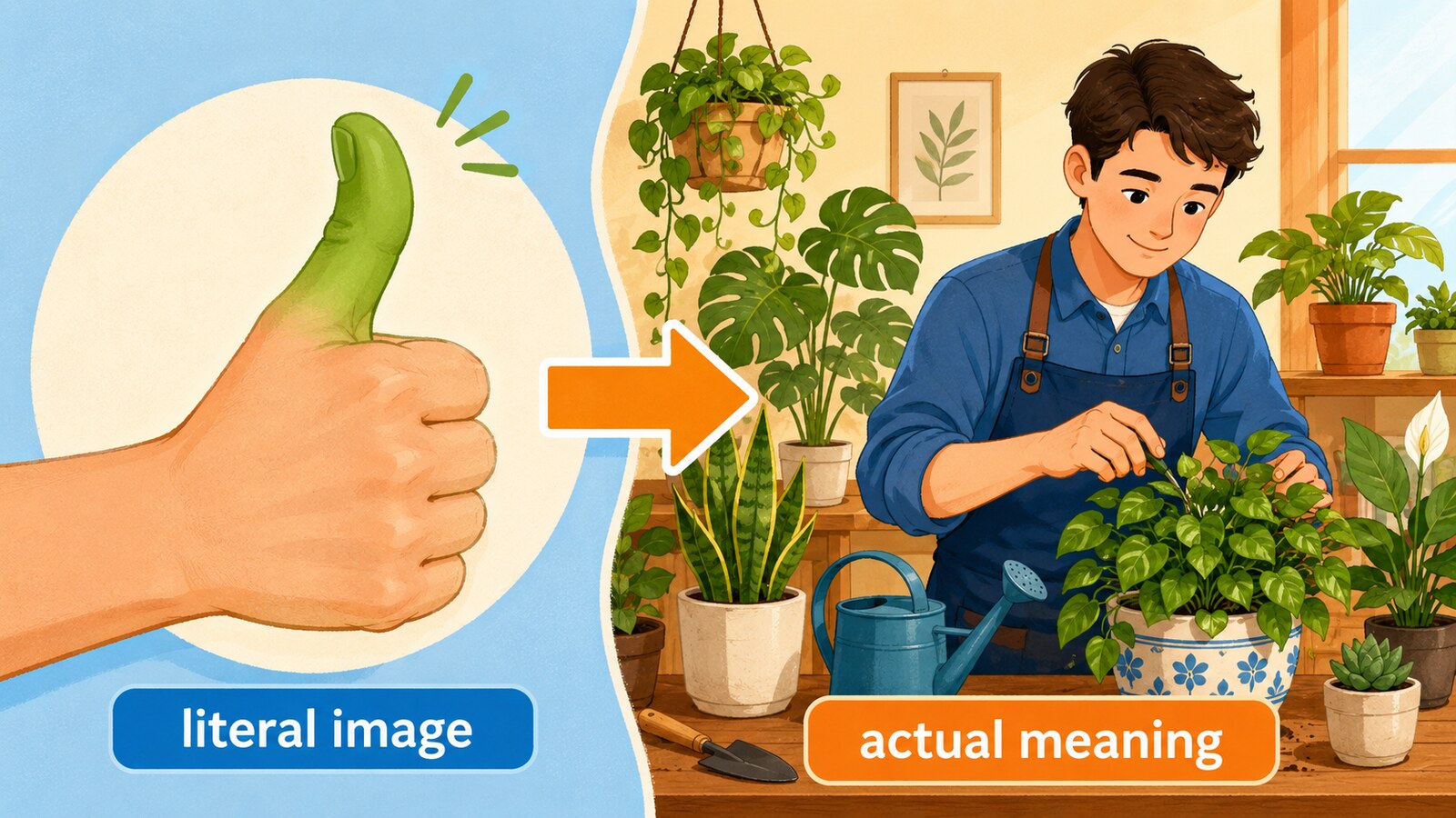 green thumbの直訳イメージと実際の意味を比較する解説イラスト