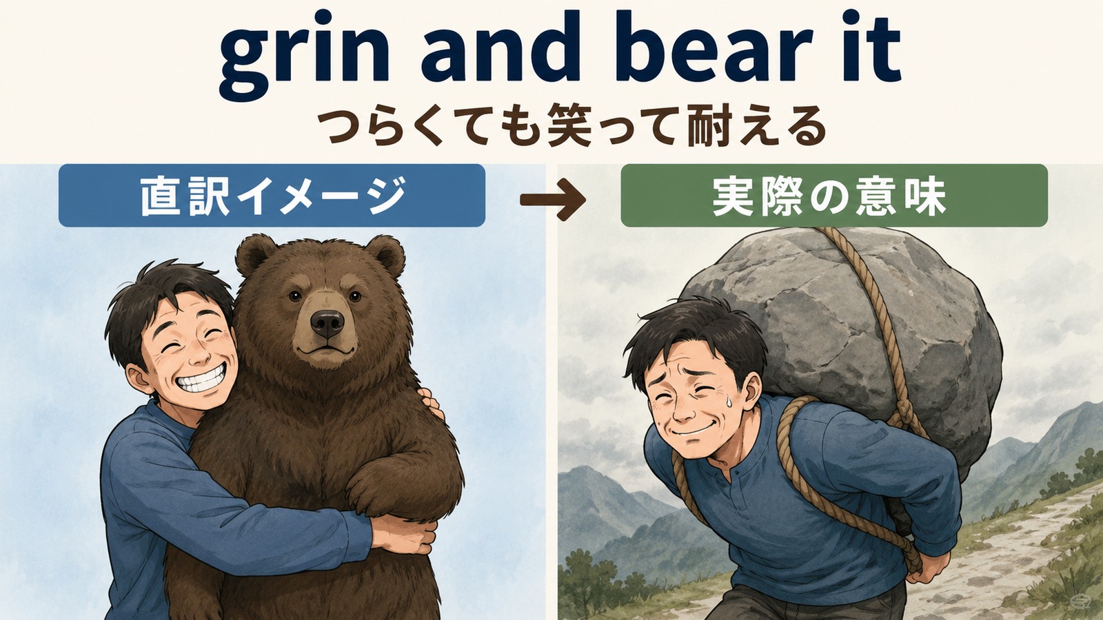 grin and bear itの直訳イメージと実際の意味を比較した解説イラスト