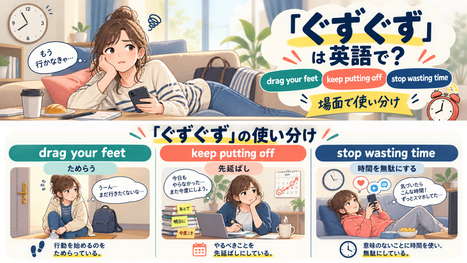 「ぐずぐず」を表す英語の使い分け