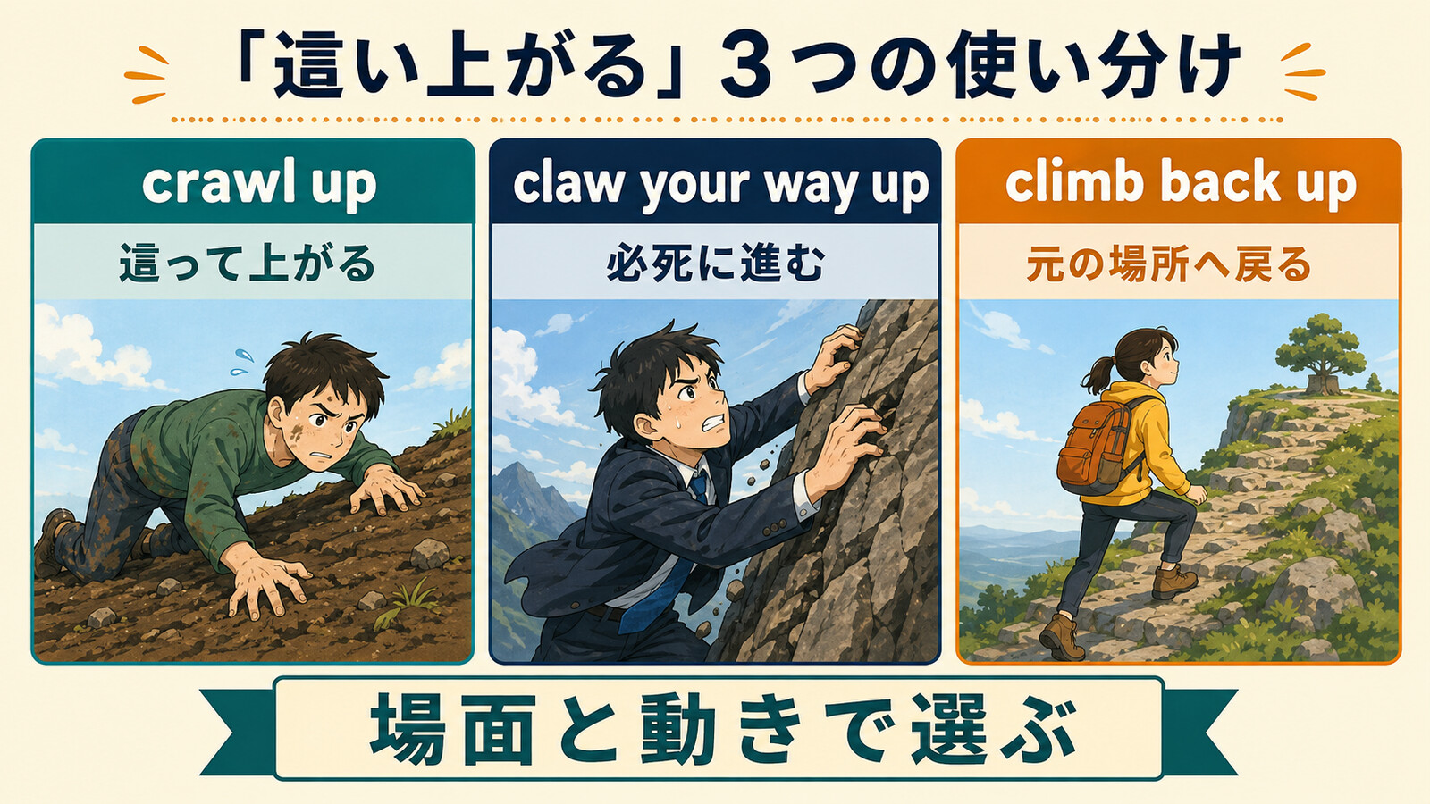 「這い上がる」を表す3つの英語表現の違いを示す比較イラスト