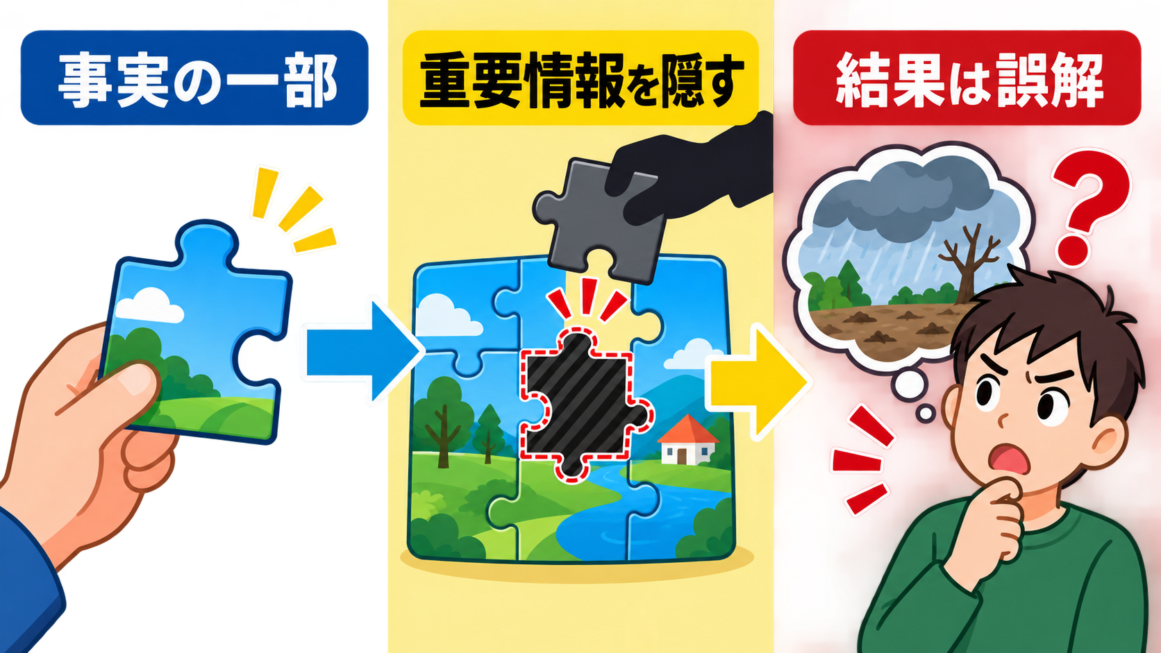 A half-truth is a whole lieのニュアンスを示す解説図