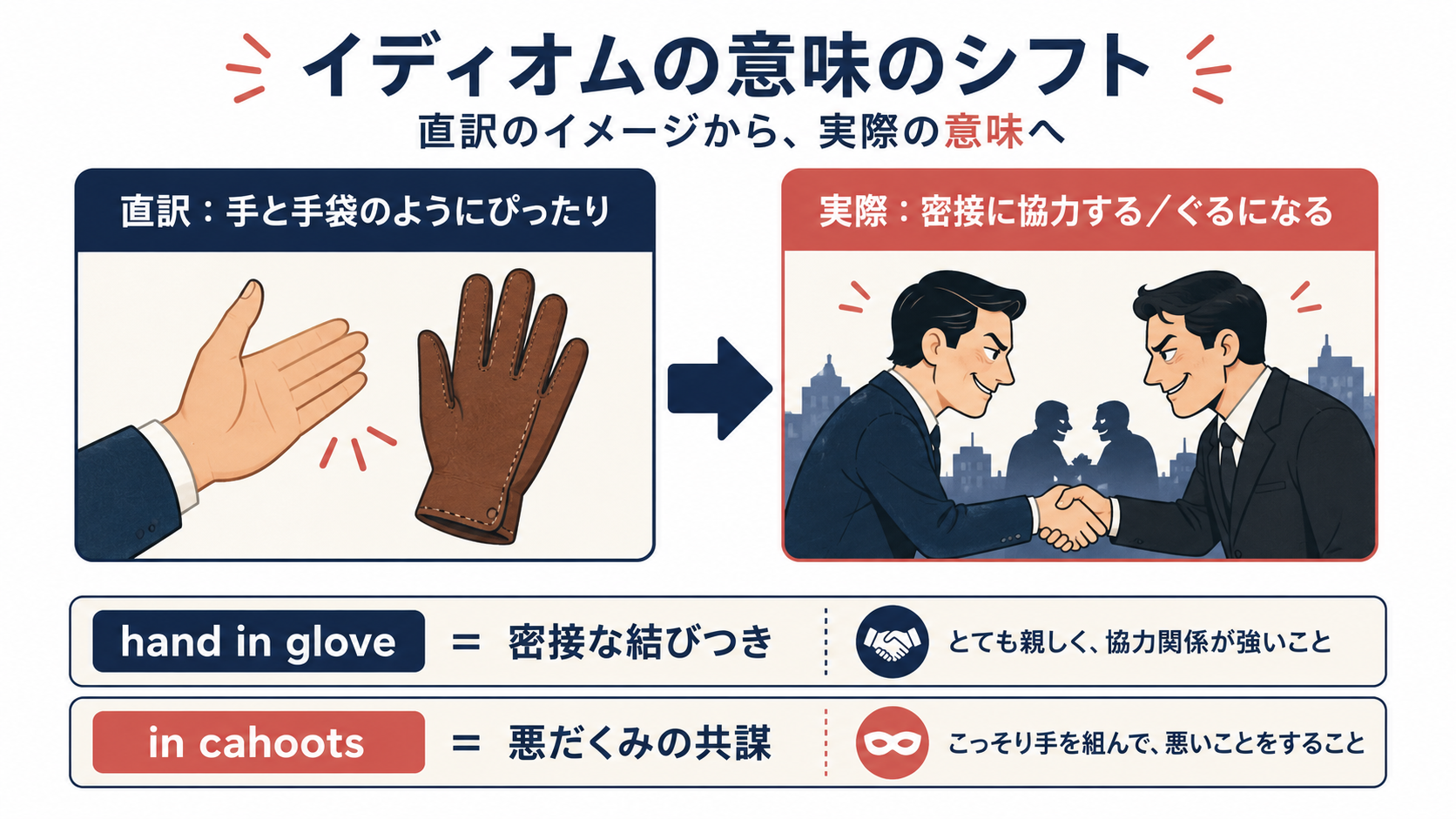 hand in gloveの直訳と実際のニュアンスを示す図解