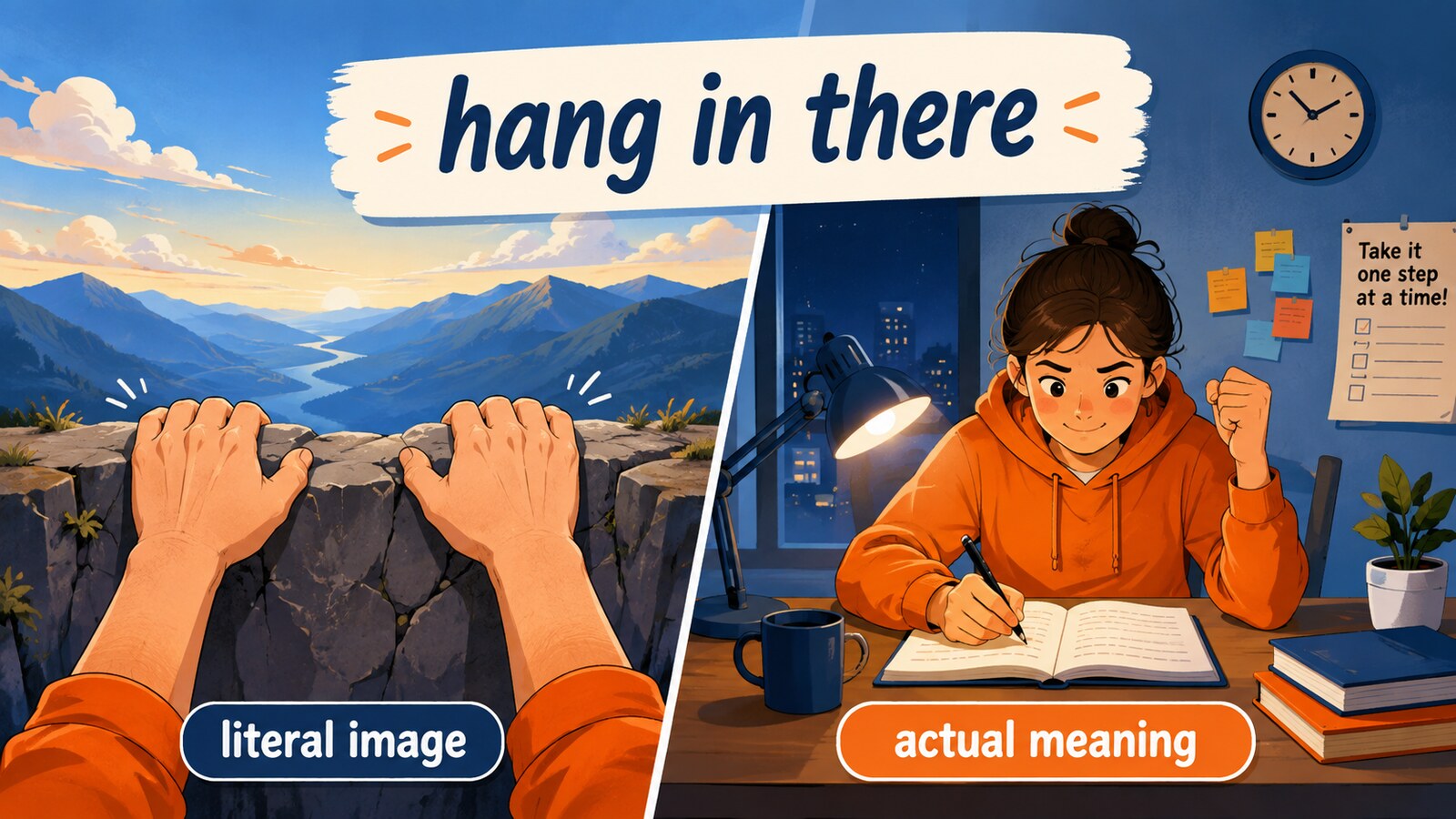 hang in thereの直訳イメージと実際の意味を比較する解説イラスト