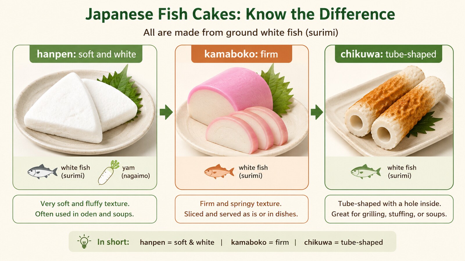 はんぺんの原料・加工方法・似た食品との違いを示す英語教材図