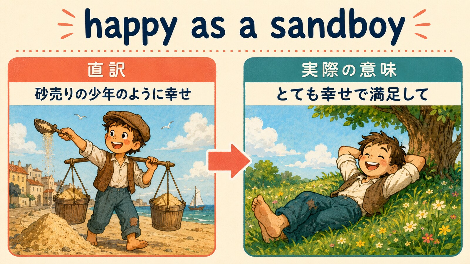 happy as a sandboyの直訳と実際の意味を比較する解説イラスト