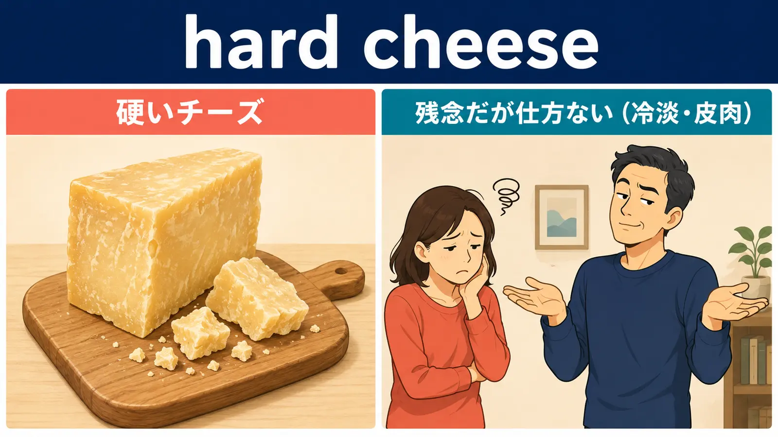 hard cheeseの直訳イメージと実際の意味の比較図