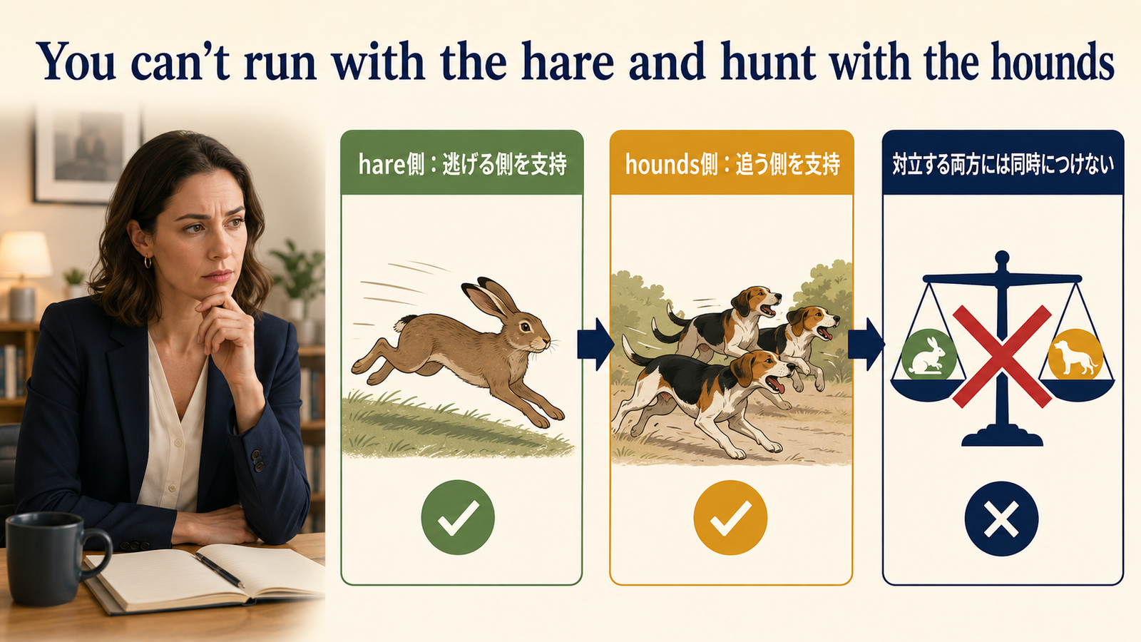You can't run with the hare and hunt with the houndsの直訳・実際の意味・注意点を比較する解説図