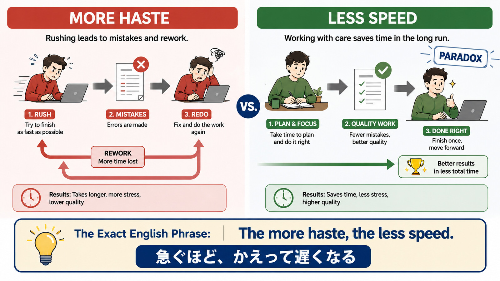 The more haste, the less speedの語句とニュアンスを整理した解説イラスト