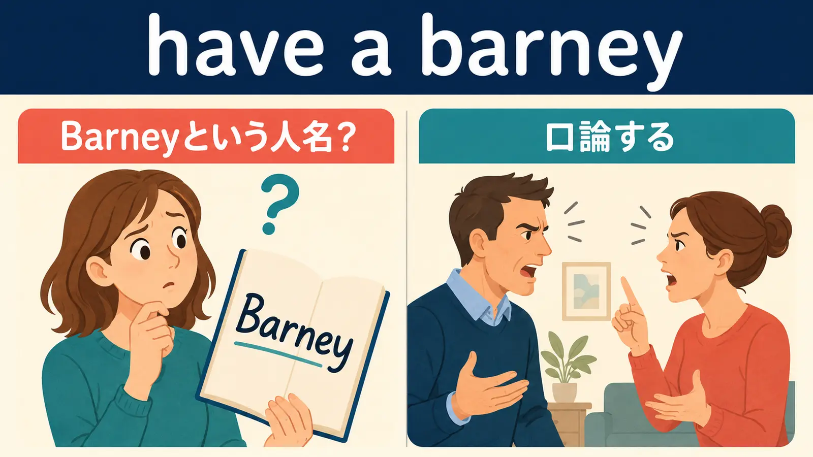 have a barneyの直訳イメージと実際の意味の比較図