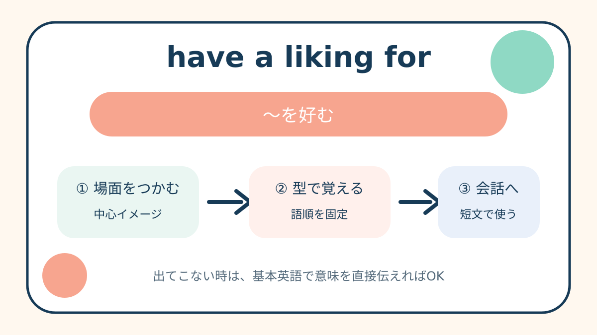 have a liking forの中心イメージ・語順・簡単な言い換えを整理した解説図