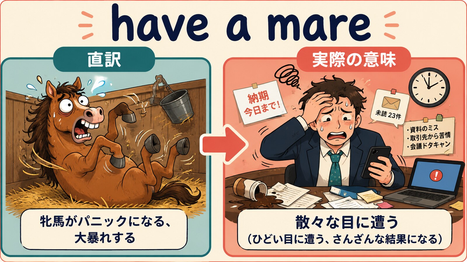 have a mareの直訳と実際の意味を比較する解説イラスト
