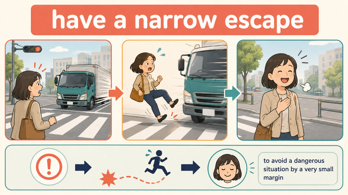 have a narrow escapeの意味と使い方を視覚的に説明するイラスト