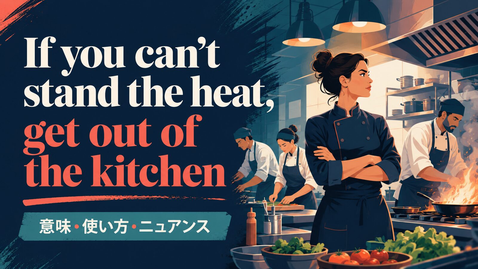 If you can’t stand the heat, get out of the kitchen の意味・使い方・ニュアンスを解説するアイキャッチ画像