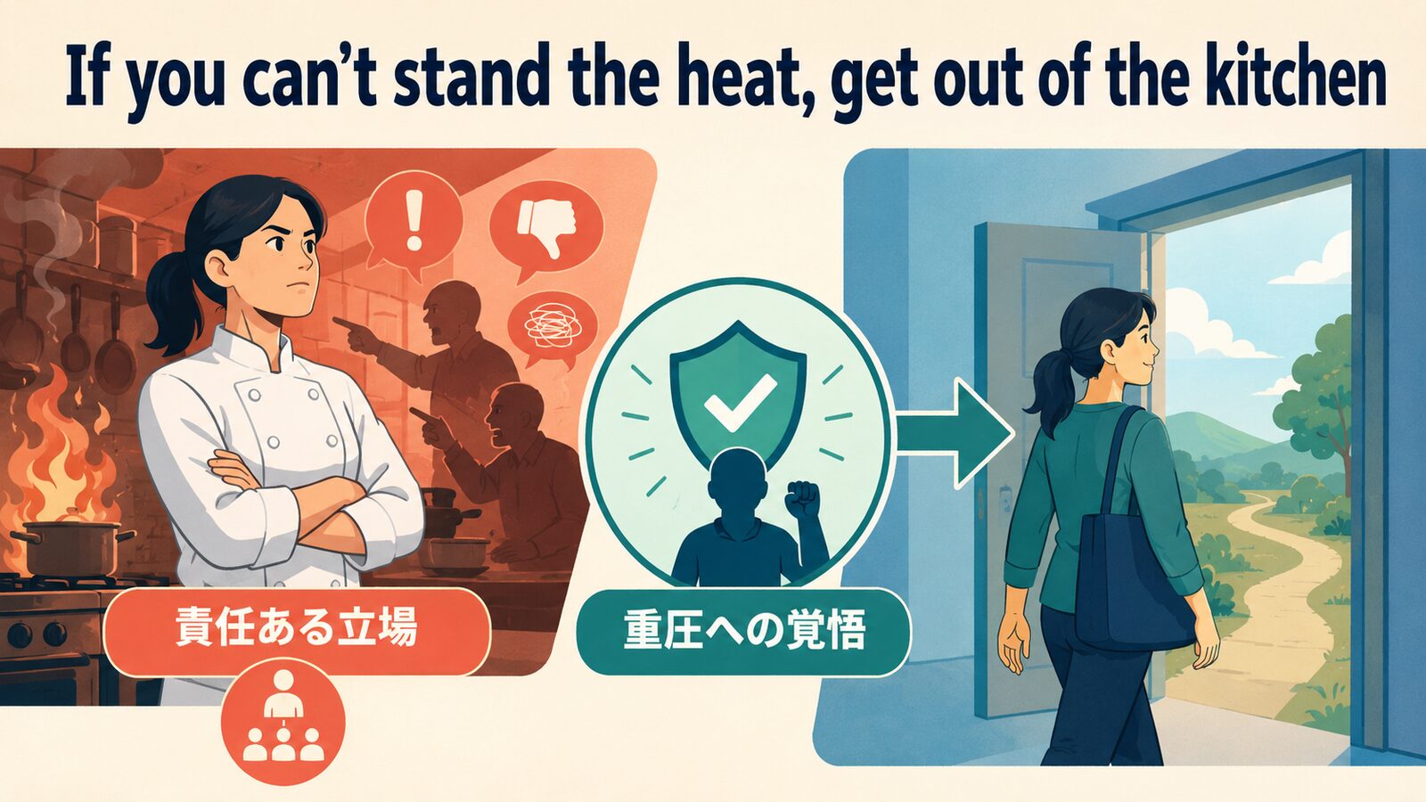 If you can’t stand the heat, get out of the kitchen のニュアンスと使い分けを示す解説イラスト