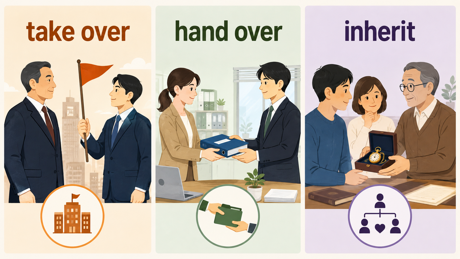 「引き継ぐ」は英語で？take over・hand over・inheritの違いと使い分け