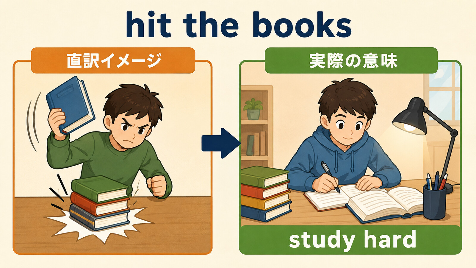 hit the booksの直訳イメージと実際の意味を比較する解説イラスト
