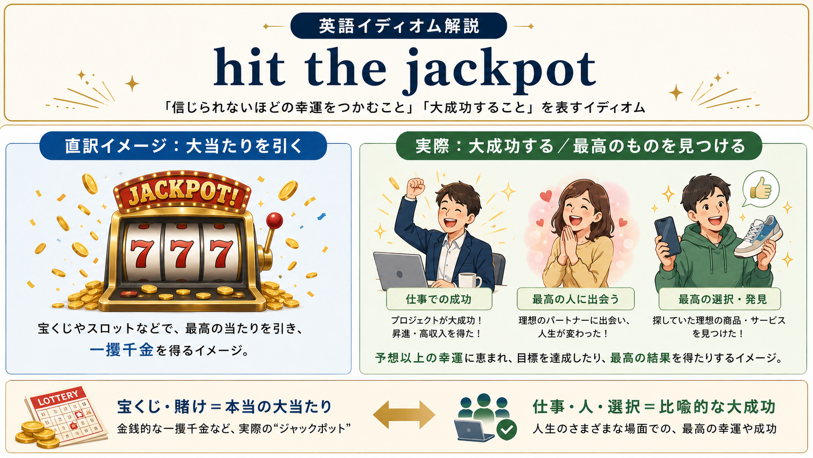 hit the jackpotの直訳と実際のニュアンスを示す図解
