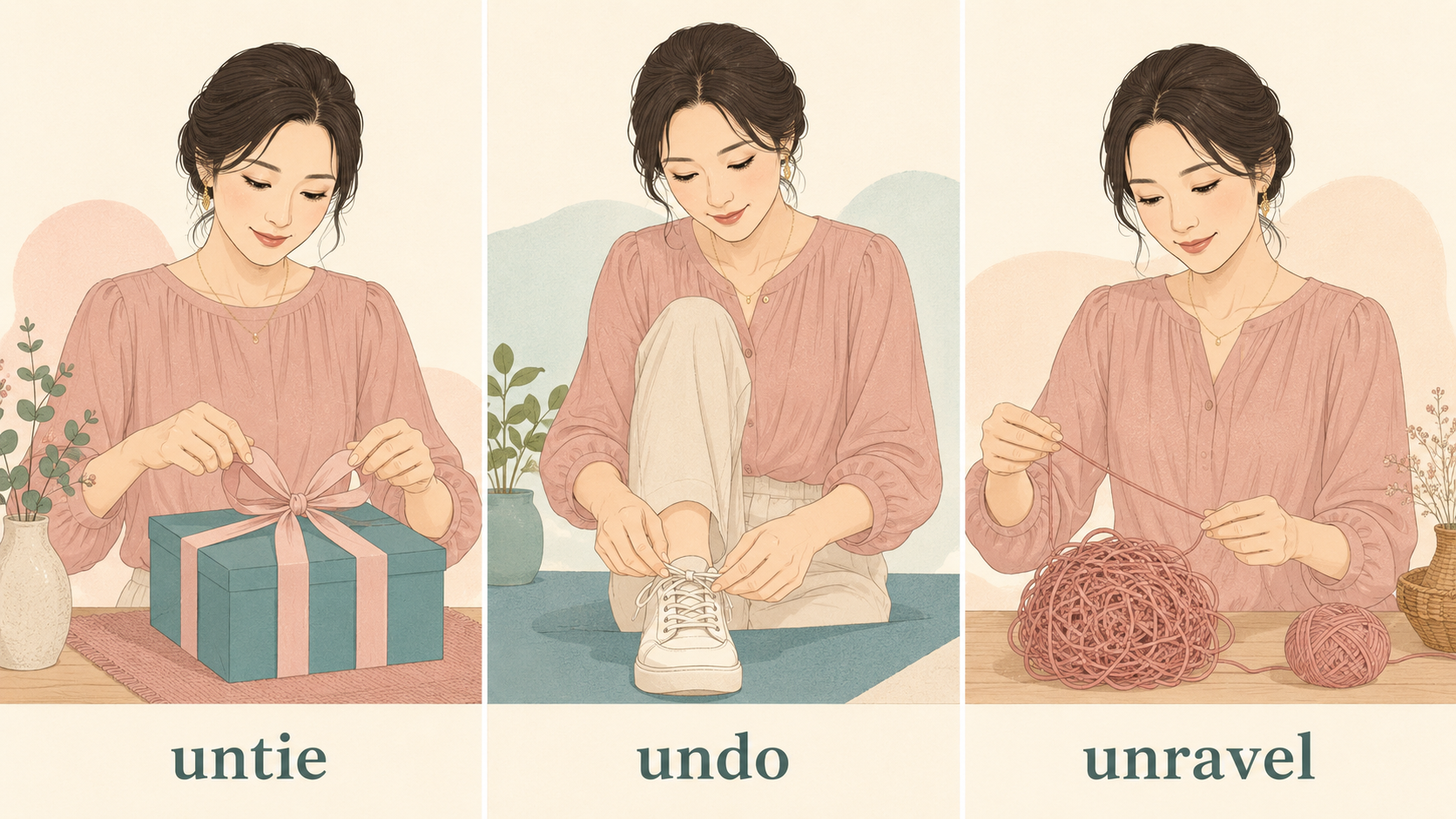 untie・undo・unravelの違いを示す比較イラスト