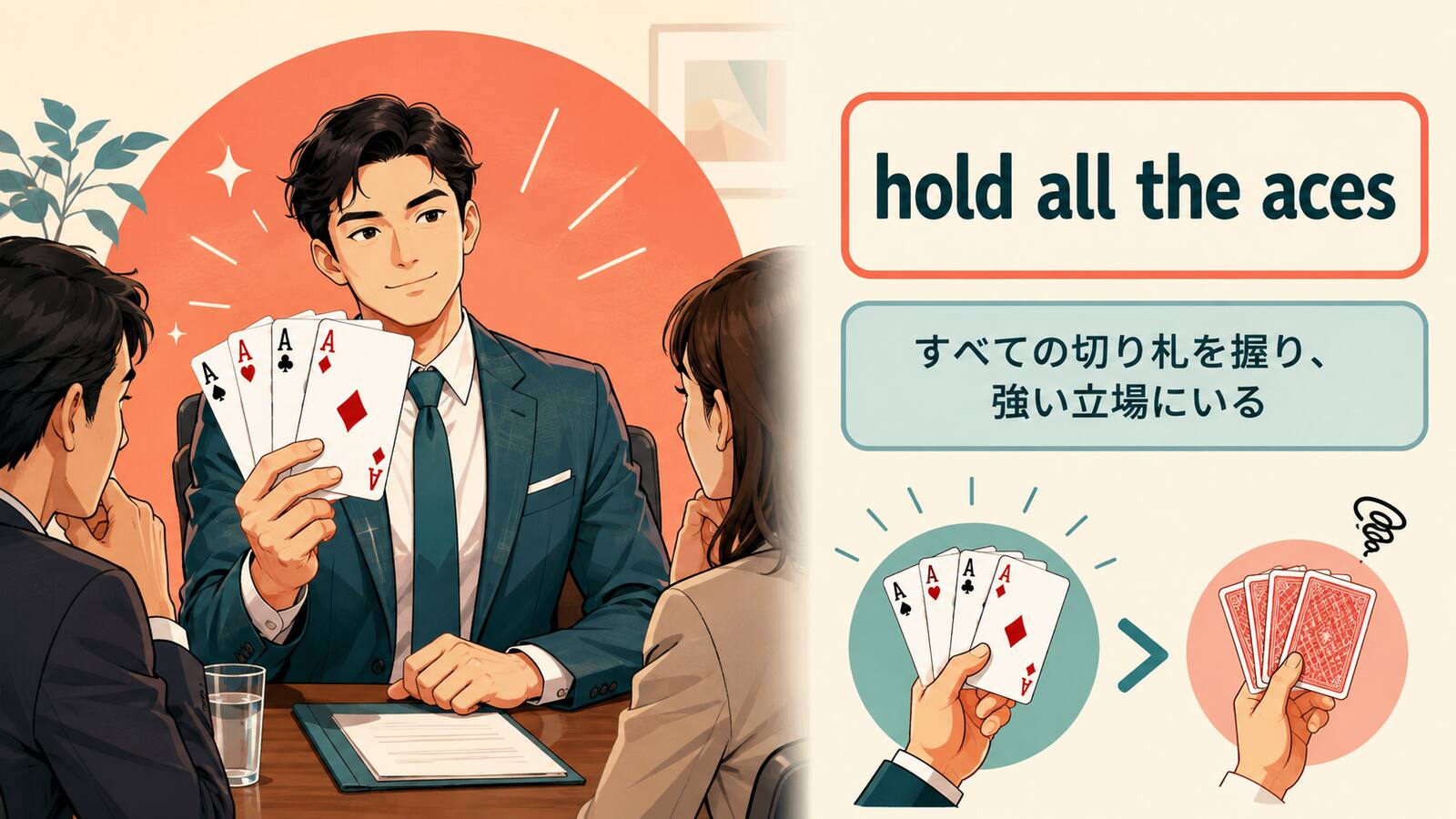 hold all the acesの直訳イメージとニュアンスを説明するイラスト