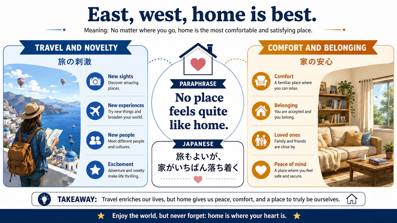 East, west, home is bestのニュアンスと意味の流れを説明する図解