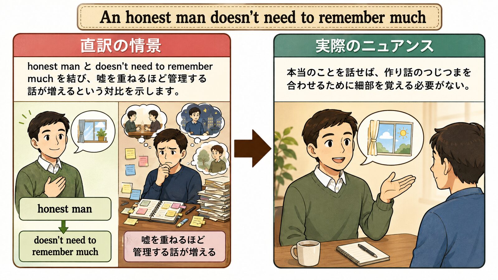 An honest man doesn't need to remember muchの直訳と実際のニュアンスを説明する図