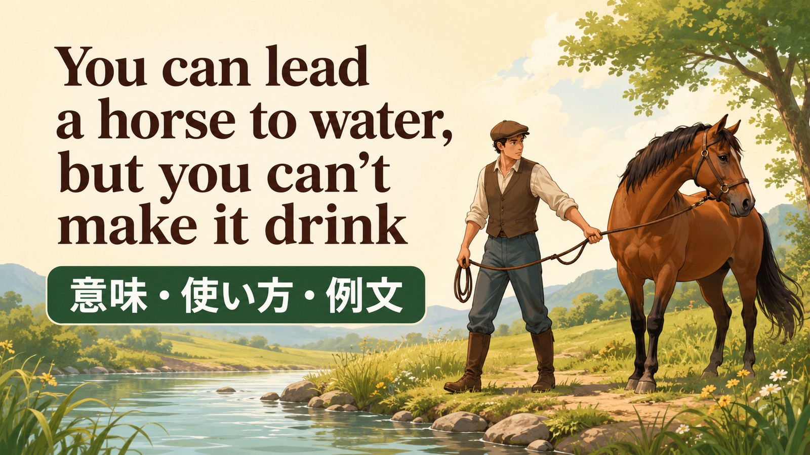 You can lead a horse to water, but you can’t make it drinkの意味・使い方・ニュアンスを解説するアイキャッチ画像