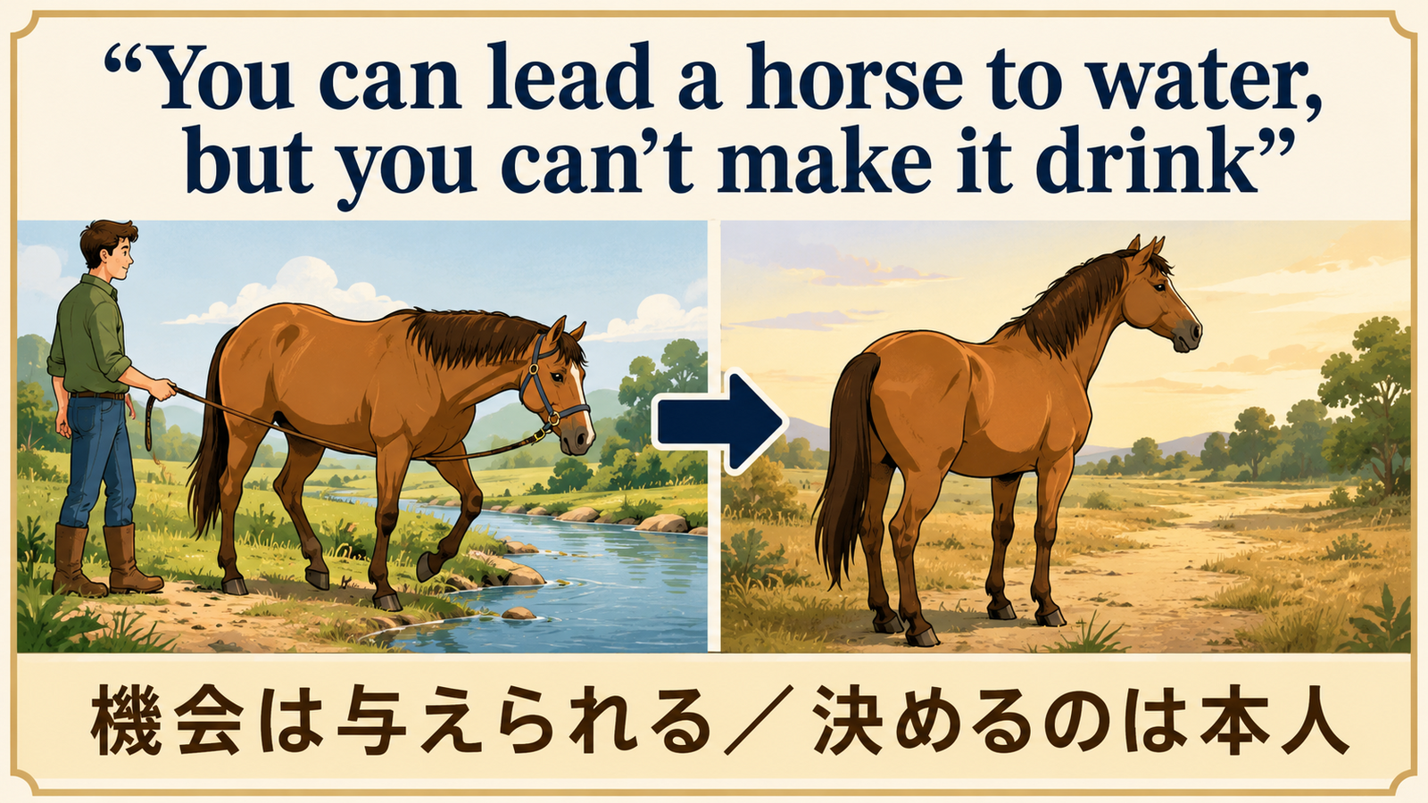 You can lead a horse to water, but you can’t make it drinkの直訳と実際の意味を比較する解説イラスト