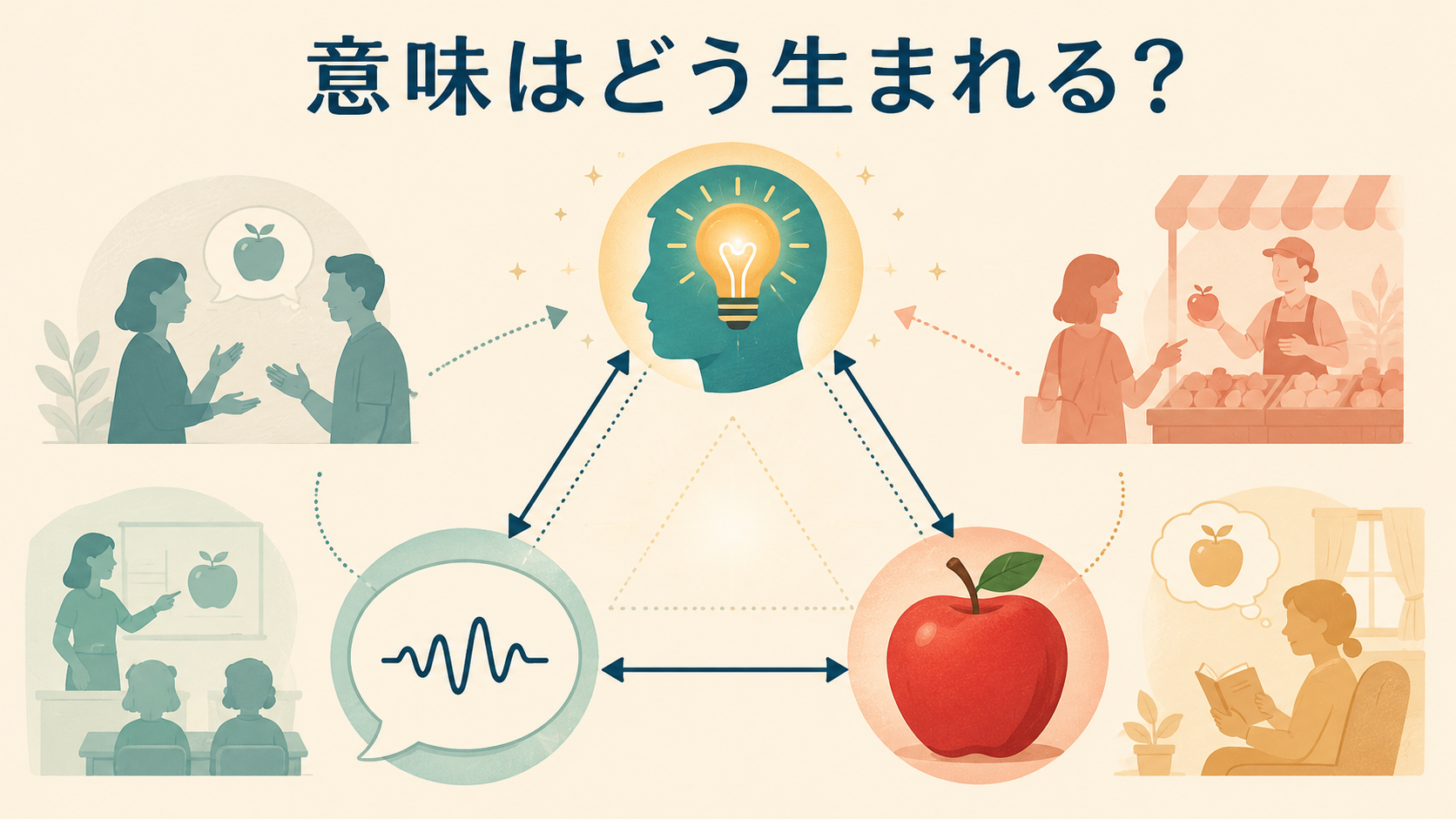 言葉・概念・対象と文脈の関係から意味が生まれることを示す図